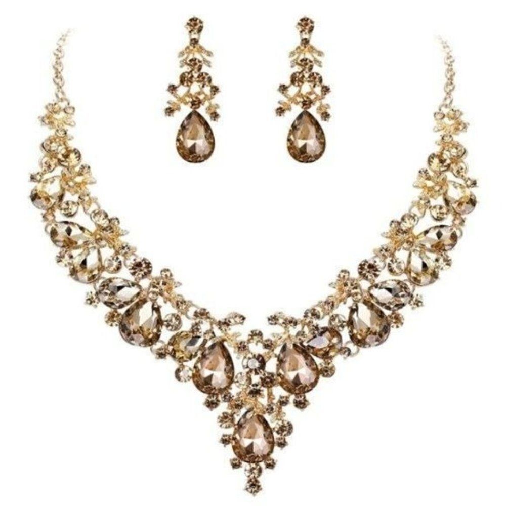 Yellow Gold with Champagne Topaz Austrian Crystal Floral Necklace & Earrings Set